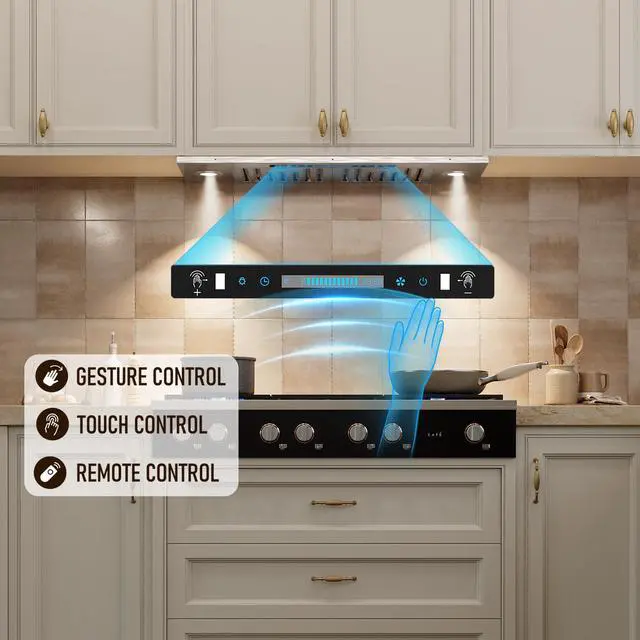 Alt view image 3 of 6 - 36 inch Built-in/Insert Range Hood 900 CFM, Ducted/Ductless Convertible Duct, Stainless Steel Kitchen Vent Hood with 4 Speed Gesture Sensing&Touch Control Panel(IKB01-36)