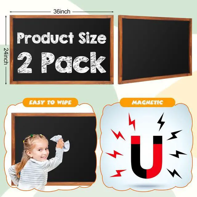 Alt view image 3 of 7 - 2 Pieces 24 x 36 Inch Magnetic Chalkboard Blackboard Large Hanging Framed Wall Chalk Board Natural Pine Frame Easy-to-Erase Black Board for Home Office