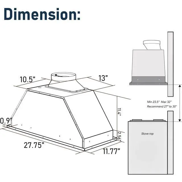 Alt view image 6 of 7 - 30 inch Built-in/Insert Range Hood 900 CFM, Ducted/Ductless Convertible Duct, Stainless Steel Kitchen Vent Hood with 4 Speed Gesture Sensing&Touch Control Panel(IKB01-30)