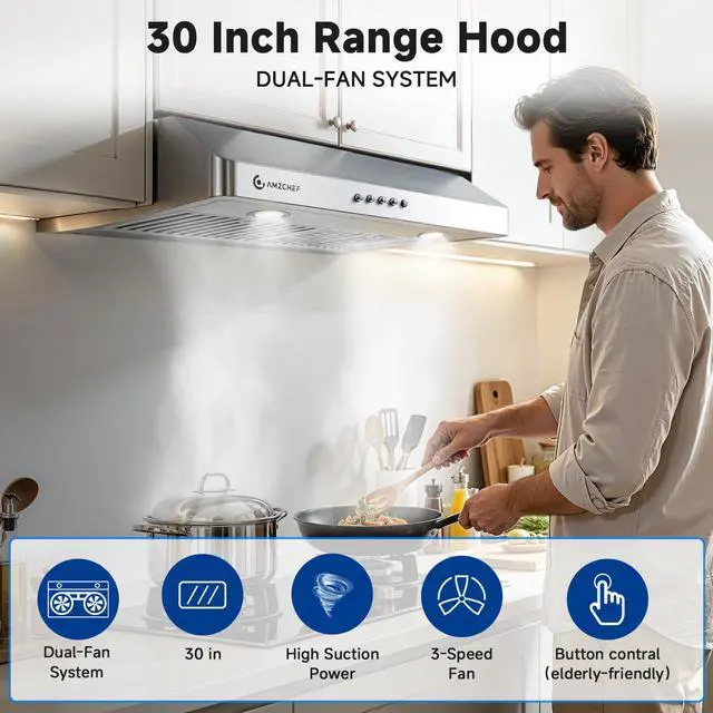 Alt view image 2 of 7 - 30" Under-Cabinet Range Hood - 1050 CFM Dual-Fan Vent Hood | Stainless Steel Dual-Fan hood with Button Control, LED lights & dishwasher-safe baffle filters 3 outlets