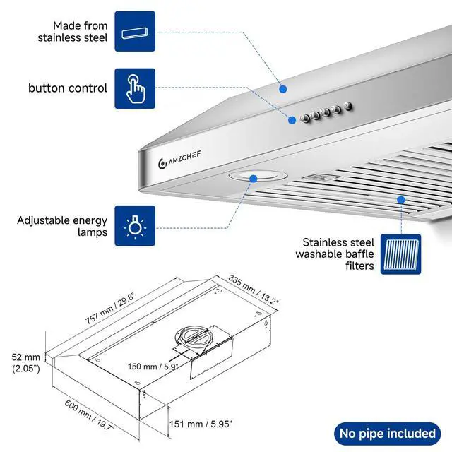 Alt view image 3 of 7 - 30" Under-Cabinet Range Hood - 1050 CFM Dual-Fan Vent Hood | Stainless Steel Dual-Fan hood with Button Control, LED lights & dishwasher-safe baffle filters 3 outlets