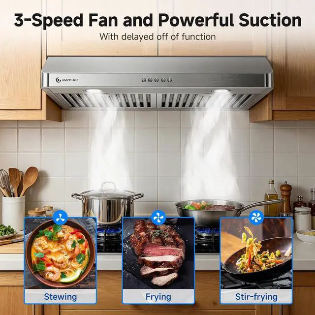 Alt view image 5 of 7 - 30" Under-Cabinet Range Hood - 1050 CFM Dual-Fan Vent Hood | Stainless Steel Dual-Fan hood with Button Control, LED lights & dishwasher-safe baffle filters 3 outlets