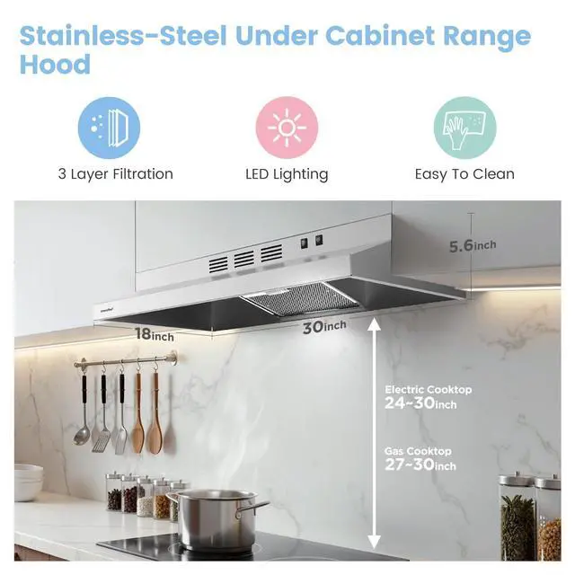 Alt view image 3 of 7 - Range Hood 30 Inch Under Cabinet 200 CFM Ducted/Ductless