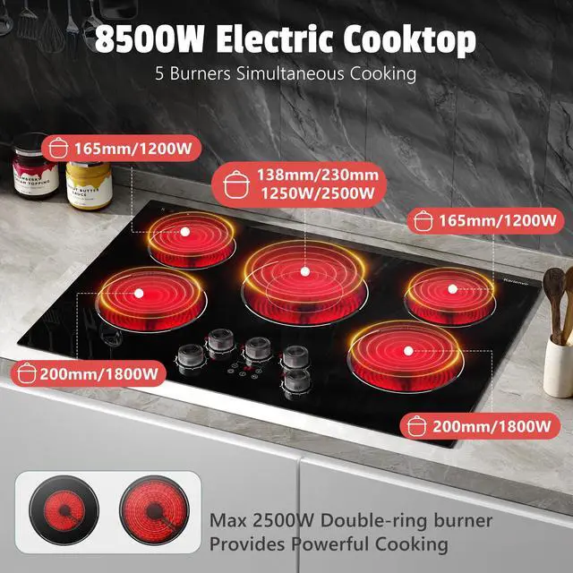 Alt view image 2 of 7 - 30 Inch Electric Cooktop Anti-slip Knob, 5 Burner Cookrop 8500W | (29.2" x 19.3") Built in Cooktop, Dual-Ring Burner, Auto Shutoff, Safety Lock, 99 Mins Timer, Pause, 240V Hardwired