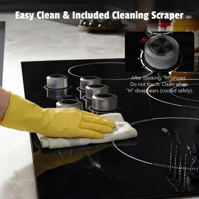 Alt view image 5 of 7 - 30 Inch Electric Cooktop Anti-slip Knob, 5 Burner Cookrop 8500W | (29.2" x 19.3") Built in Cooktop, Dual-Ring Burner, Auto Shutoff, Safety Lock, 99 Mins Timer, Pause, 240V Hardwired