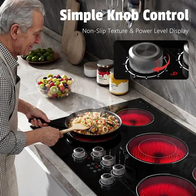 Alt view image 4 of 7 - 30 Inch Electric Cooktop Anti-slip Knob, 5 Burner Cookrop 8500W | (29.2" x 19.3") Built in Cooktop, Dual-Ring Burner, Auto Shutoff, Safety Lock, 99 Mins Timer, Pause, 240V Hardwired