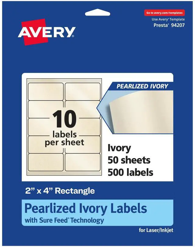Main image of ® Pearlized Ivory Rectangle Labels, Sure Feed® Technology, 2" x 4", 500 Pearlized Ivory Labels, Laser/Inkjet Printable