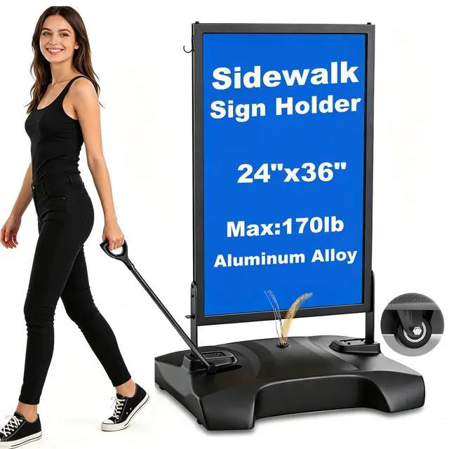 Main image of Wind Resistant Sign Holder Stand,Outdoor Sidewalk Sign Stand with 4 Wheels | 170lb Heavy Duty Poster Board Stand with Filled Base & Pull Handle, 24"x36" Aluminum Sign Stand for Outdoor & Indoor