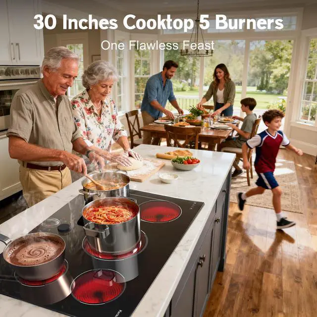 Alt view image 2 of 7 - Electric Cooktop 30 Inch, 5 Burner Stove Top Burner 8600W, Magnetic Knob, | Built in 30 Inch Electric Cooktop, Expanable Burners & BBQ, Timer, Safety Lock, 220V-240V Hard Wire (No Plug)