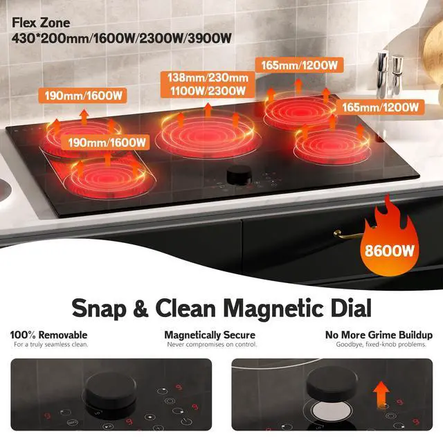 Alt view image 3 of 7 - Electric Cooktop 30 Inch, 5 Burner Stove Top Burner 8600W, Magnetic Knob, | Built in 30 Inch Electric Cooktop, Expanable Burners & BBQ, Timer, Safety Lock, 220V-240V Hard Wire (No Plug)