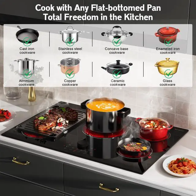Alt view image 6 of 7 - Electric Cooktop 30 Inch, 5 Burner Stove Top Burner 8600W, Magnetic Knob, | Built in 30 Inch Electric Cooktop, Expanable Burners & BBQ, Timer, Safety Lock, 220V-240V Hard Wire (No Plug)