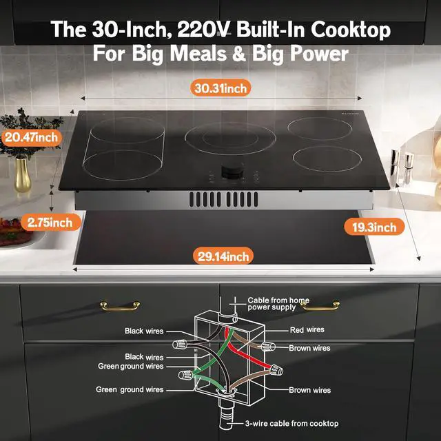 Alt view image 7 of 7 - Electric Cooktop 30 Inch, 5 Burner Stove Top Burner 8600W, Magnetic Knob, | Built in 30 Inch Electric Cooktop, Expanable Burners & BBQ, Timer, Safety Lock, 220V-240V Hard Wire (No Plug)