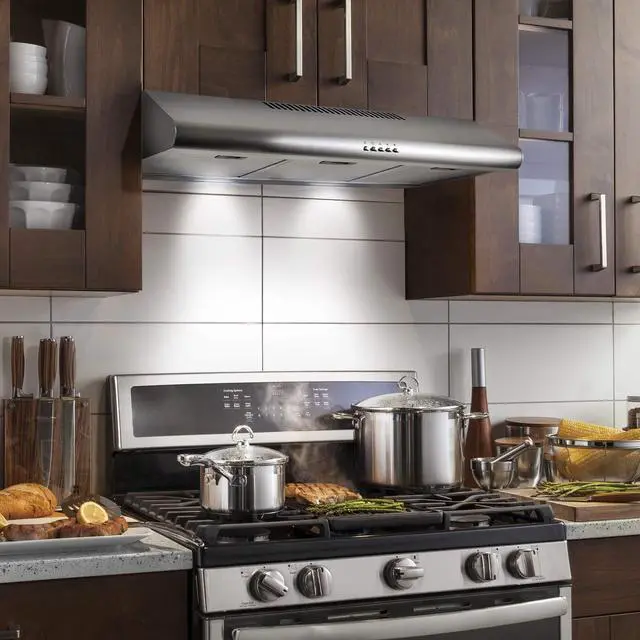 Alt view image 2 of 7 - 36 in. Delta Coll Ducted Under Cabinet Range Hood, Mesh Filters, Stainless | COS-5MU36 Reusable Filters, LED Lighting, Push Button Controls, 3 Fan Speeds, Slim Profile, Top or Rear Venting