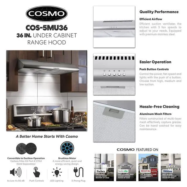 Alt view image 3 of 7 - 36 in. Delta Coll Ducted Under Cabinet Range Hood, Mesh Filters, Stainless | COS-5MU36 Reusable Filters, LED Lighting, Push Button Controls, 3 Fan Speeds, Slim Profile, Top or Rear Venting