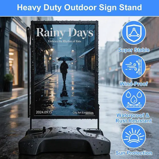 Alt view image 3 of 7 - Wind Resistant Sign Holder Stand,Outdoor Sidewalk Sign Stand with 4 Wheels | 170lb Heavy Duty Poster Board Stand with Filled Base & Pull Handle, 24"x36" Aluminum Sign Stand for Outdoor & Indoor