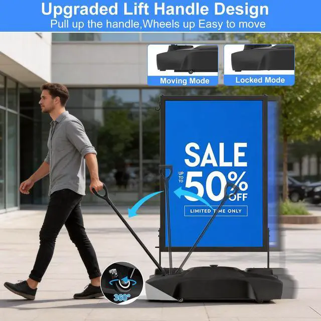 Alt view image 2 of 7 - Wind Resistant Sign Holder Stand,Outdoor Sidewalk Sign Stand with 4 Wheels | 170lb Heavy Duty Poster Board Stand with Filled Base & Pull Handle, 24"x36" Aluminum Sign Stand for Outdoor & Indoor