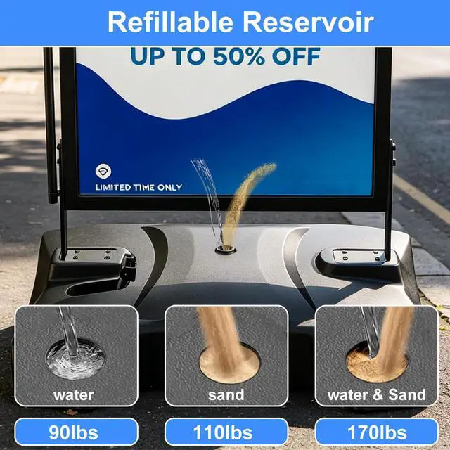 Alt view image 4 of 7 - Wind Resistant Sign Holder Stand,Outdoor Sidewalk Sign Stand with 4 Wheels | 170lb Heavy Duty Poster Board Stand with Filled Base & Pull Handle, 24"x36" Aluminum Sign Stand for Outdoor & Indoor