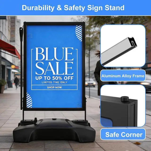 Alt view image 5 of 7 - Wind Resistant Sign Holder Stand,Outdoor Sidewalk Sign Stand with 4 Wheels | 170lb Heavy Duty Poster Board Stand with Filled Base & Pull Handle, 24"x36" Aluminum Sign Stand for Outdoor & Indoor