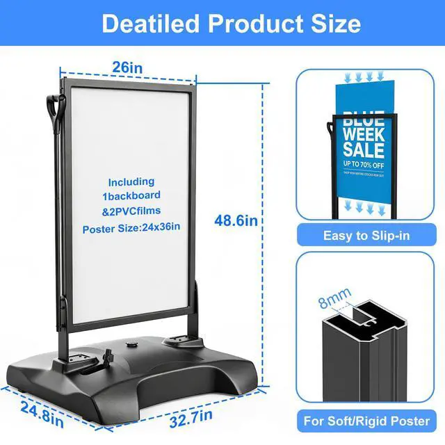 Alt view image 6 of 7 - Wind Resistant Sign Holder Stand,Outdoor Sidewalk Sign Stand with 4 Wheels | 170lb Heavy Duty Poster Board Stand with Filled Base & Pull Handle, 24"x36" Aluminum Sign Stand for Outdoor & Indoor