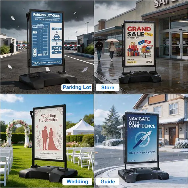 Alt view image 7 of 7 - Wind Resistant Sign Holder Stand,Outdoor Sidewalk Sign Stand with 4 Wheels | 170lb Heavy Duty Poster Board Stand with Filled Base & Pull Handle, 24"x36" Aluminum Sign Stand for Outdoor & Indoor