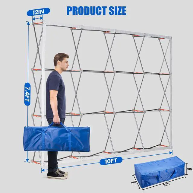 Alt view image 2 of 7 - 9.84 X 7.4FT Portable Pop Up Display Stand, Aluminum Folding Banner Stand, Fabric Tension Backdrop Booth Frame for Trade Shows, Weddings, Retail & Outdoor Events (Including A Carry Bag)