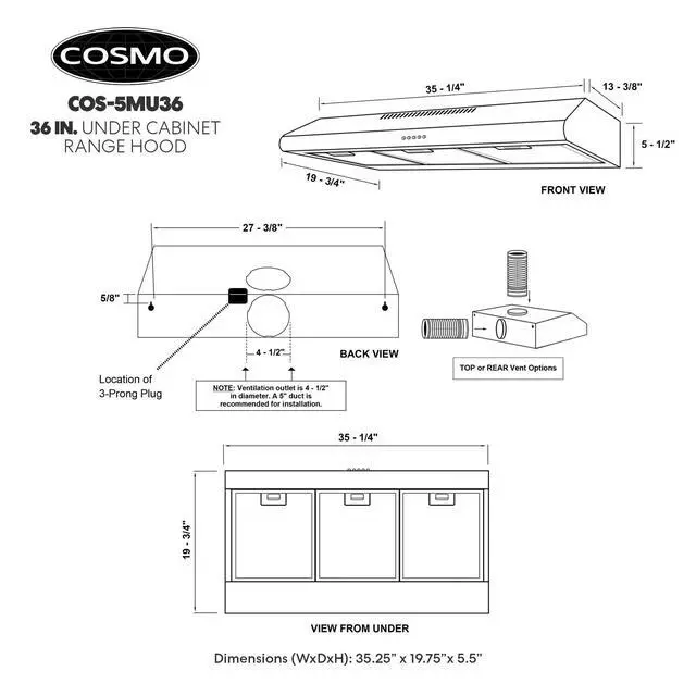 Alt view image 5 of 7 - 36 in. Delta Coll Ducted Under Cabinet Range Hood, Mesh Filters, Stainless | COS-5MU36 Reusable Filters, LED Lighting, Push Button Controls, 3 Fan Speeds, Slim Profile, Top or Rear Venting