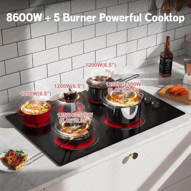 Alt view image 2 of 7 - 30 Inch Electric Cooktop 5 Burner, 8600W Dual Ring, Knob & Touch | 9 Power Levels, 99 Min Timer, Safety Lock and Auto Shut-off, Works with All Cookware, Provide Peace of Mind