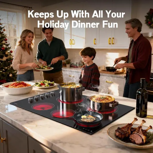 Alt view image 3 of 7 - 30 Inch Electric Cooktop 5 Burner, 8600W Dual Ring, Knob & Touch | 9 Power Levels, 99 Min Timer, Safety Lock and Auto Shut-off, Works with All Cookware, Provide Peace of Mind