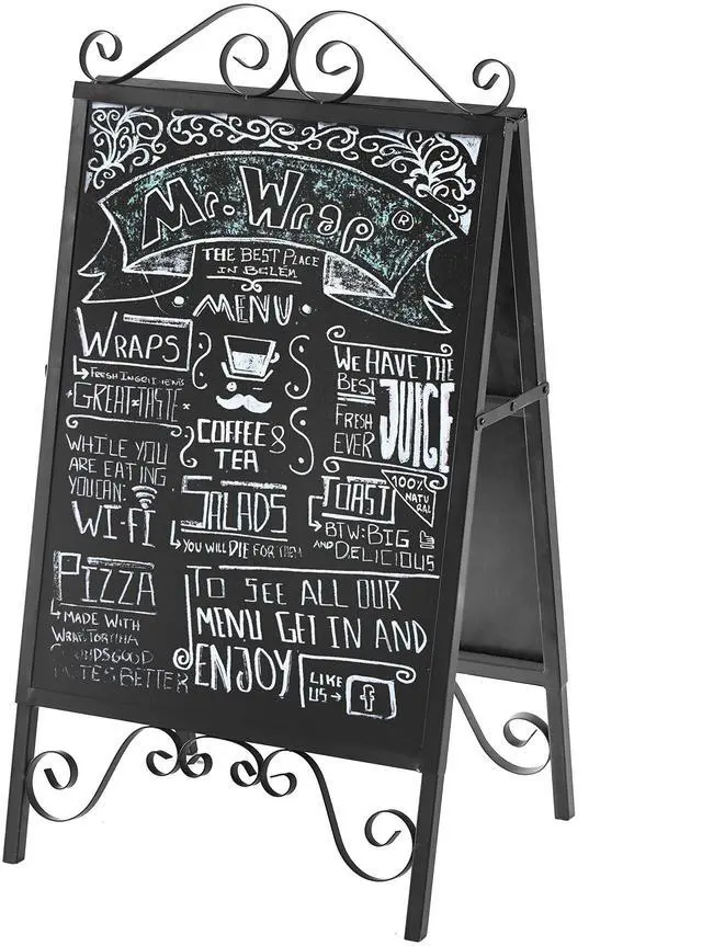 Main image of Scrollwork Design Large A-Frame Black Metal Freestanding Chalkboard Sign/Decorative Restaurant Menu Sidewalk Message Board