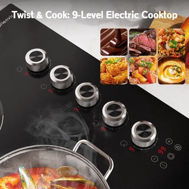 Alt view image 4 of 7 - 30 Inch Electric Cooktop 5 Burner, 8600W Dual Ring, Knob & Touch | 9 Power Levels, 99 Min Timer, Safety Lock and Auto Shut-off, Works with All Cookware, Provide Peace of Mind