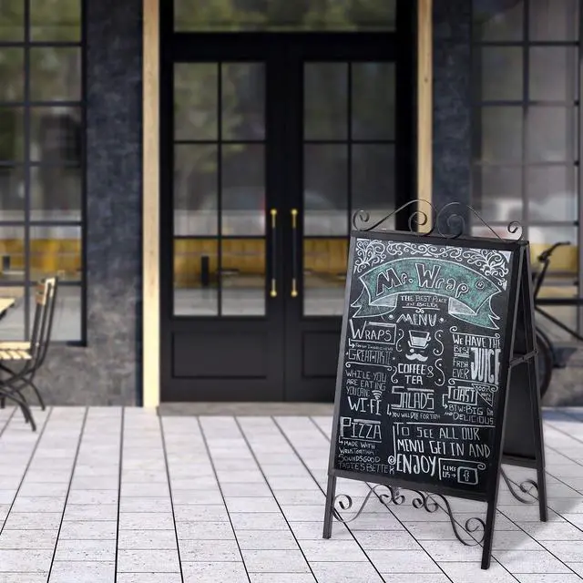 Alt view image 2 of 6 - Scrollwork Design Large A-Frame Black Metal Freestanding Chalkboard Sign/Decorative Restaurant Menu Sidewalk Message Board