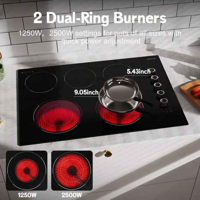 Alt view image 5 of 7 - 30 Inch Electric Cooktop 5 Burner, 8600W Dual Ring, Knob & Touch | 9 Power Levels, 99 Min Timer, Safety Lock and Auto Shut-off, Works with All Cookware, Provide Peace of Mind