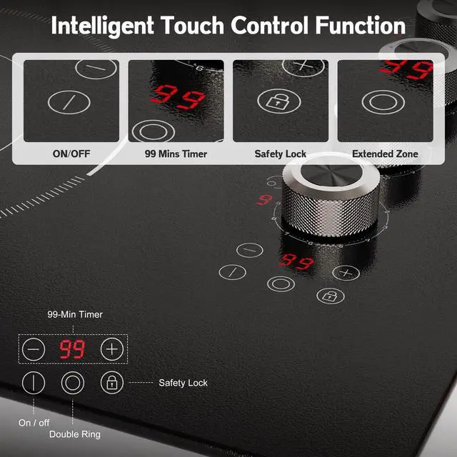 Alt view image 6 of 7 - 30 Inch Electric Cooktop 5 Burner, 8600W Dual Ring, Knob & Touch | 9 Power Levels, 99 Min Timer, Safety Lock and Auto Shut-off, Works with All Cookware, Provide Peace of Mind
