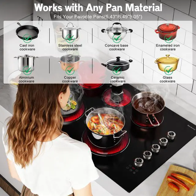 Alt view image 7 of 7 - 30 Inch Electric Cooktop 5 Burner, 8600W Dual Ring, Knob & Touch | 9 Power Levels, 99 Min Timer, Safety Lock and Auto Shut-off, Works with All Cookware, Provide Peace of Mind