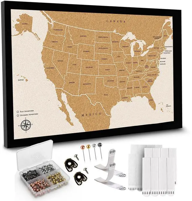 Main image of Large Push Pin Travel Map United States | USA Map with 200 Pins for Wall | Cork US Map Pin Board Tracker for Marking Places Traveled | US Travel Map for Couples and Family Adventures