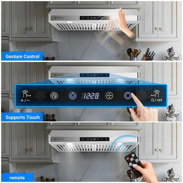 Alt view image 4 of 7 - 30" Under Cabinet Range Hood, 750CFM Stainless Steel Vent Hood | Stainless Steel hood with Touch/Remote/Gesture Control, timer, LED lights & dishwasher-safe baffle filters 3 outlets