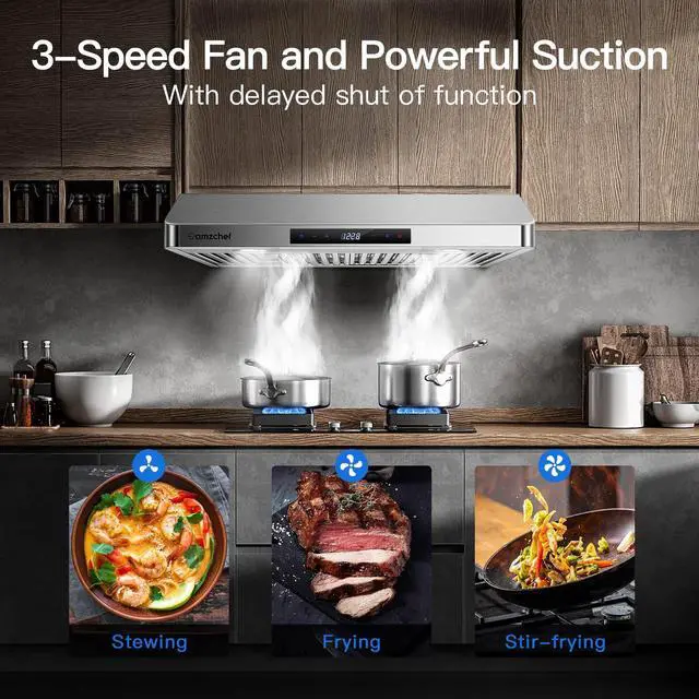 Alt view image 3 of 7 - 30" Under Cabinet Range Hood, 750CFM Stainless Steel Vent Hood | Stainless Steel hood with Touch/Remote/Gesture Control, timer, LED lights & dishwasher-safe baffle filters 3 outlets