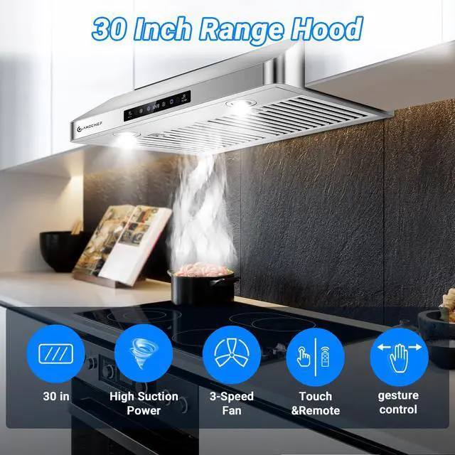 Alt view image 2 of 7 - 30" Under Cabinet Range Hood, 750CFM Stainless Steel Vent Hood | Stainless Steel hood with Touch/Remote/Gesture Control, timer, LED lights & dishwasher-safe baffle filters 3 outlets