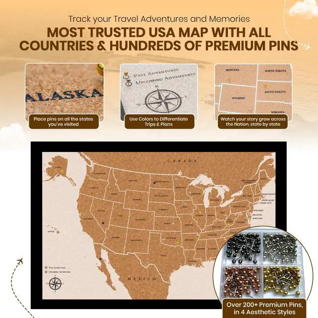 Alt view image 3 of 7 - Large Push Pin Travel Map United States | USA Map with 200 Pins for Wall | Cork US Map Pin Board Tracker for Marking Places Traveled | US Travel Map for Couples and Family Adventures