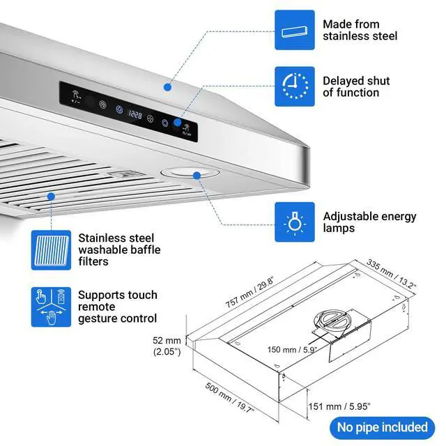 Alt view image 6 of 7 - 30" Under Cabinet Range Hood, 750CFM Stainless Steel Vent Hood | Stainless Steel hood with Touch/Remote/Gesture Control, timer, LED lights & dishwasher-safe baffle filters 3 outlets