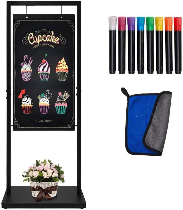 Main image of Large Hanging Chalkboard Sign with Stand, 47" x 20" Black Metal | Windproof design, double-sided writing, large space,Use for Cafe, Bar, Bistro, Florist, Wedding