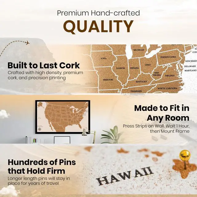 Alt view image 6 of 7 - Large Push Pin Travel Map United States | USA Map with 200 Pins for Wall | Cork US Map Pin Board Tracker for Marking Places Traveled | US Travel Map for Couples and Family Adventures