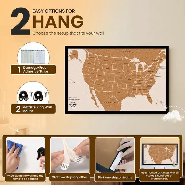 Alt view image 7 of 7 - Large Push Pin Travel Map United States | USA Map with 200 Pins for Wall | Cork US Map Pin Board Tracker for Marking Places Traveled | US Travel Map for Couples and Family Adventures