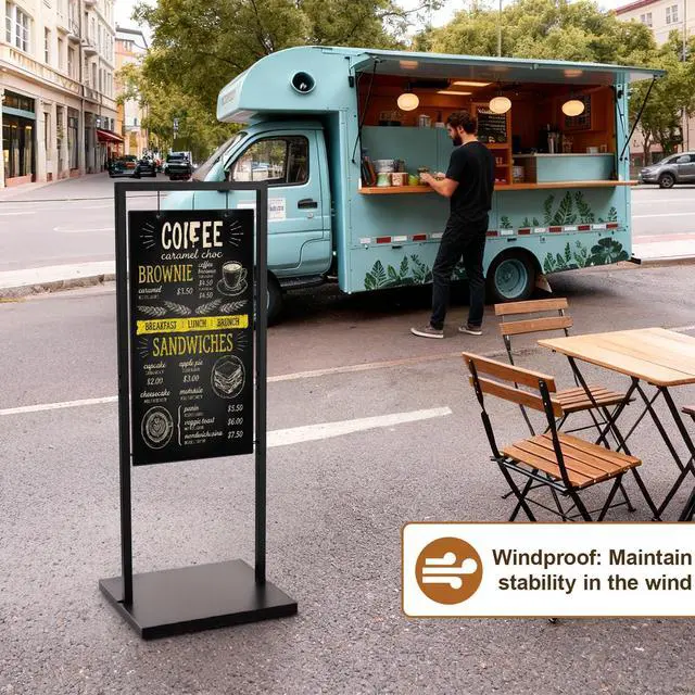 Alt view image 2 of 7 - Large Hanging Chalkboard Sign with Stand, 47" x 20" Black Metal | Windproof design, double-sided writing, large space,Use for Cafe, Bar, Bistro, Florist, Wedding