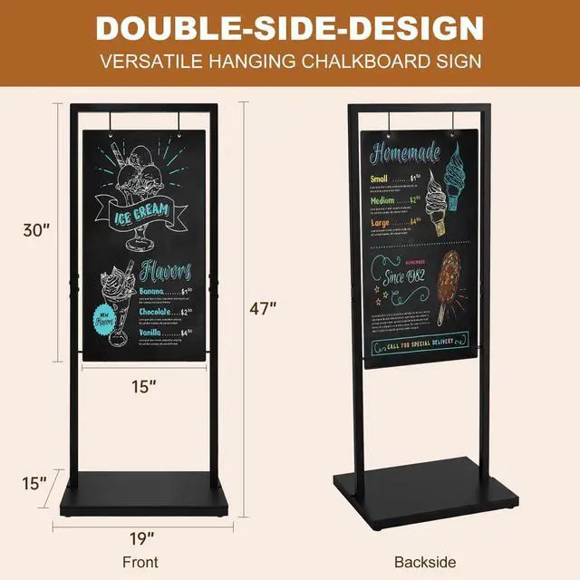 Alt view image 3 of 7 - Large Hanging Chalkboard Sign with Stand, 47" x 20" Black Metal | Windproof design, double-sided writing, large space,Use for Cafe, Bar, Bistro, Florist, Wedding