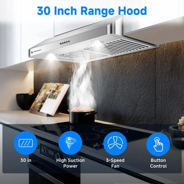 Alt view image 3 of 7 - 30" Under Cabinet Range Hood, 750CFM Vent Hood Button Control | Stainless Steel hood with Button Control, timer, LED lights & dishwasher-safe baffle filters,3 outlets