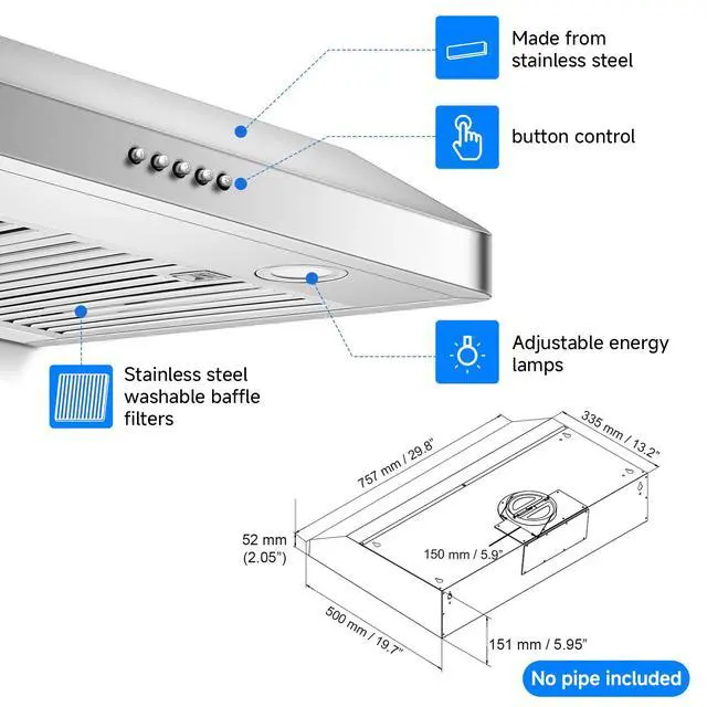 Alt view image 4 of 7 - 30" Under Cabinet Range Hood, 750CFM Vent Hood Button Control | Stainless Steel hood with Button Control, timer, LED lights & dishwasher-safe baffle filters,3 outlets