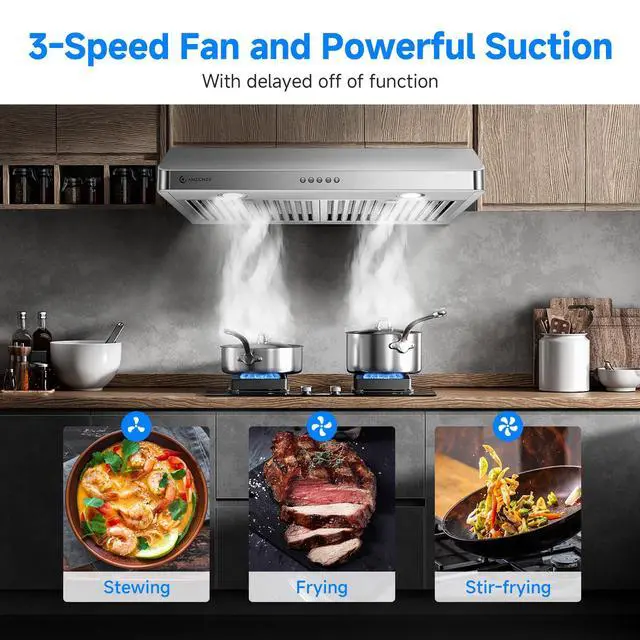 Alt view image 5 of 7 - 30" Under Cabinet Range Hood, 750CFM Vent Hood Button Control | Stainless Steel hood with Button Control, timer, LED lights & dishwasher-safe baffle filters,3 outlets