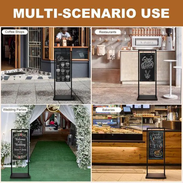 Alt view image 6 of 7 - Large Hanging Chalkboard Sign with Stand, 47" x 20" Black Metal | Windproof design, double-sided writing, large space,Use for Cafe, Bar, Bistro, Florist, Wedding