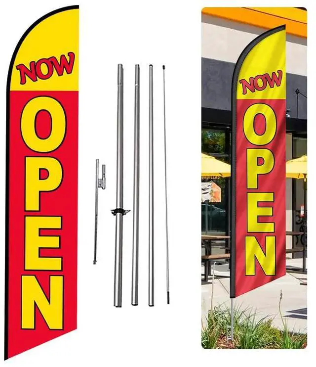Main image of NOW OPEN Advertising Swooper Feather Flag Banner with 15' Foot Pole Kit and Ground Stake - Perfect for Businesses Outdoor Signs